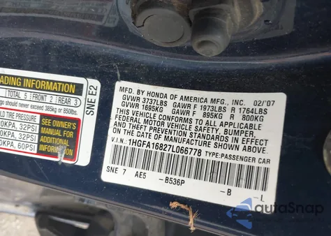 2007 Honda Civic Ex from USA, damaged, VIN 1HGFA16827L066778